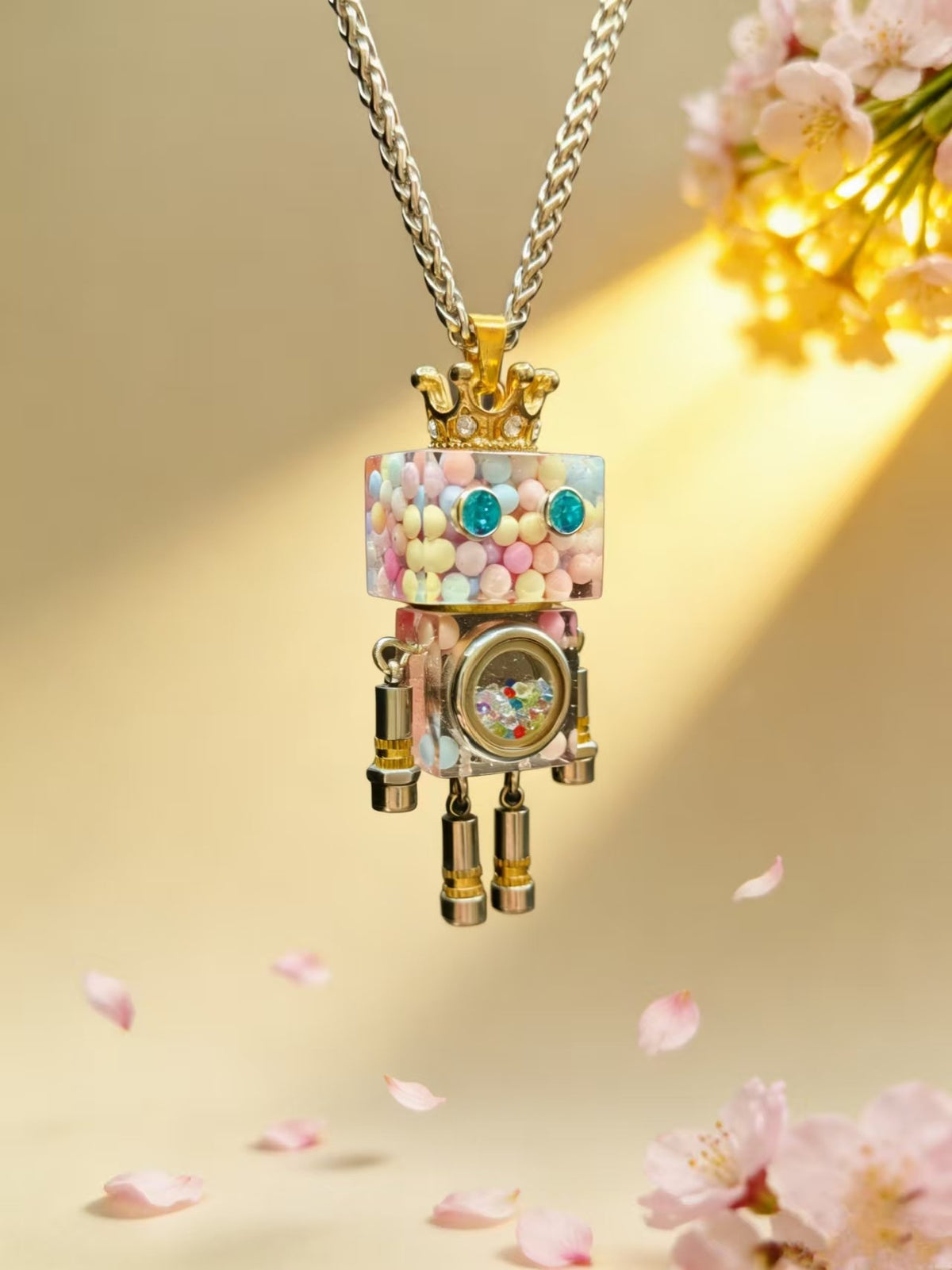 Pendente de Robô Punk Bubble Cor-de-Rosa com Coroa