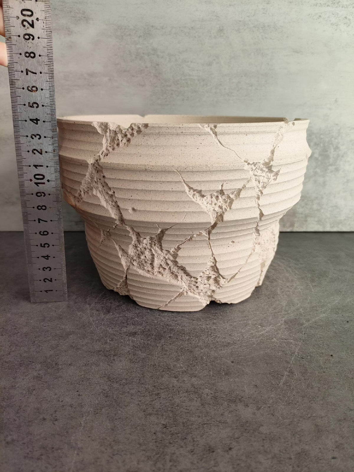Cracked Ceramic Planter with Ribbed Texture