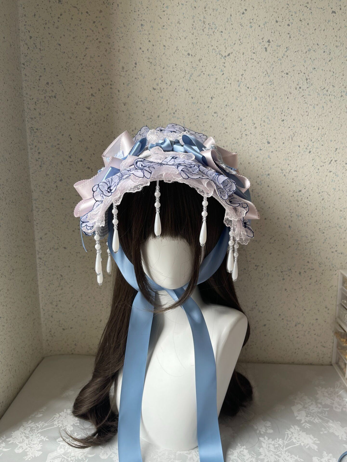 Lolita Bonnet Hat Blue Pink Handmade