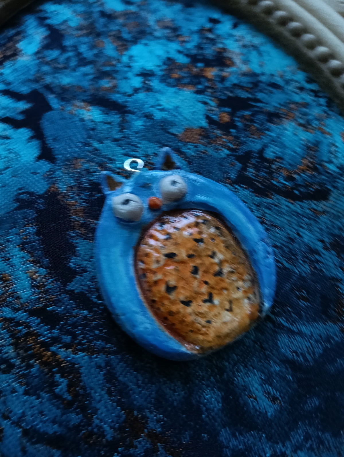 Handmade Clay Character Pendant with Glossy Blue Finish