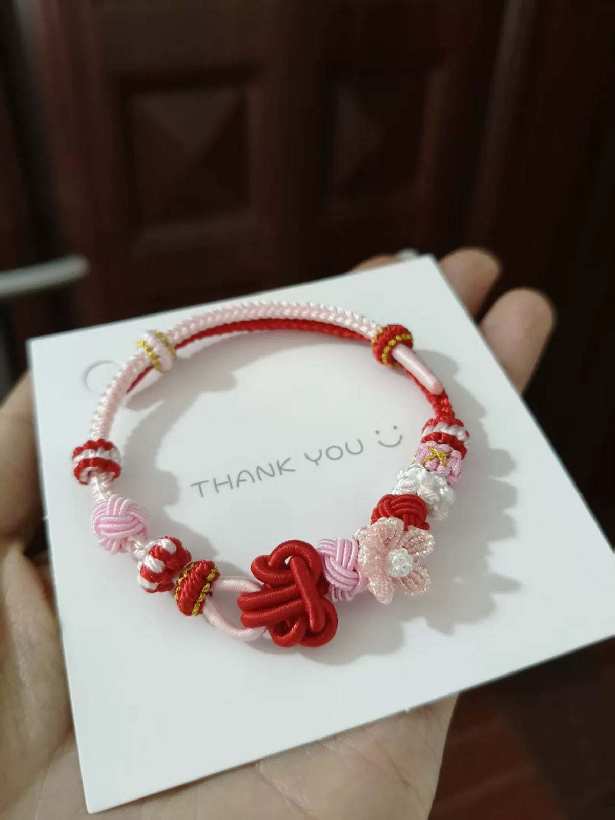 ハンドメイド 赤×ピンク 編みコードブレスレット