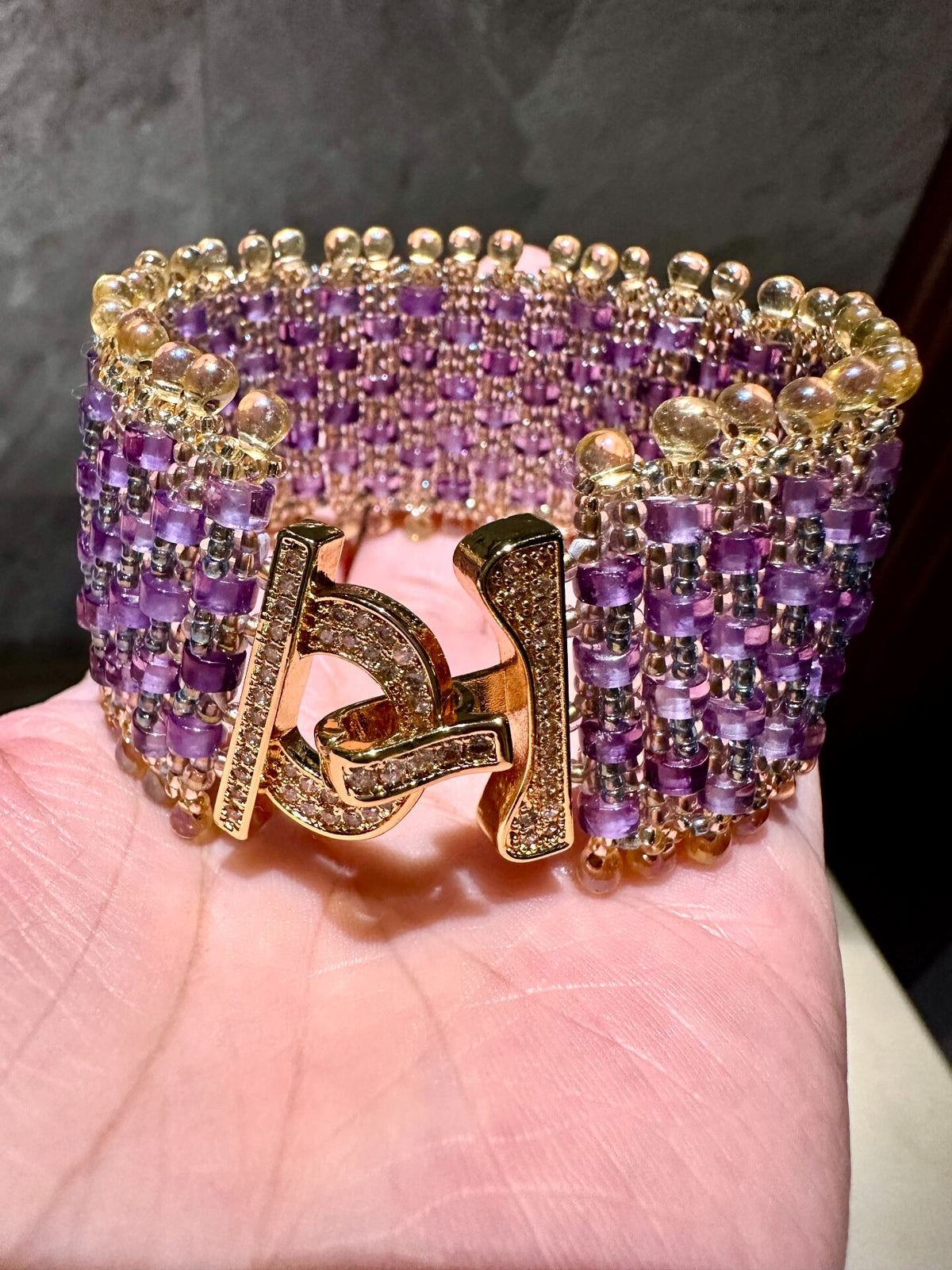 Natural Amethyst Beaded Bracelet with Crystal Clasp