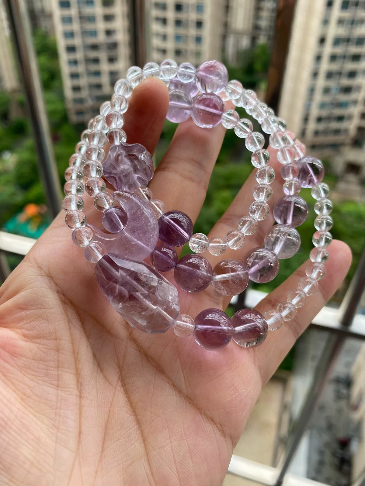 Pulsera de cuentas de Cuarzo Transparente y Cuarzo Rutilado Púrpura