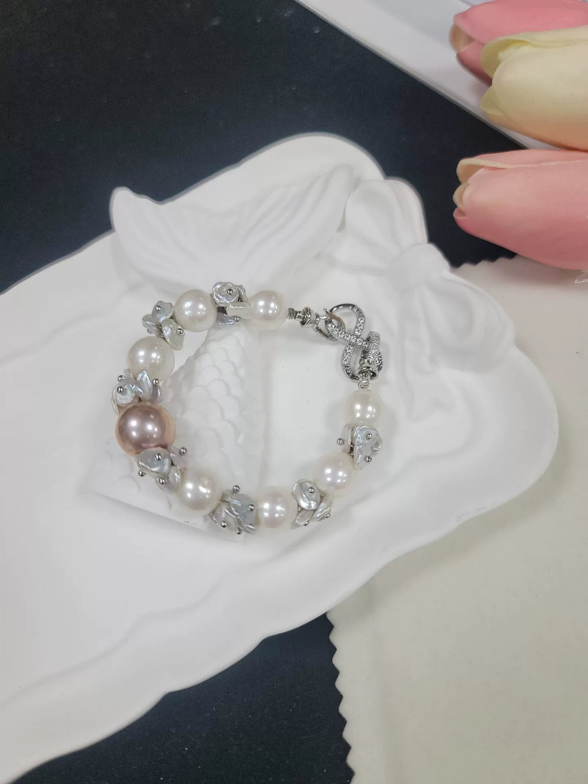 White Pearl Floral Bracelet 18cm