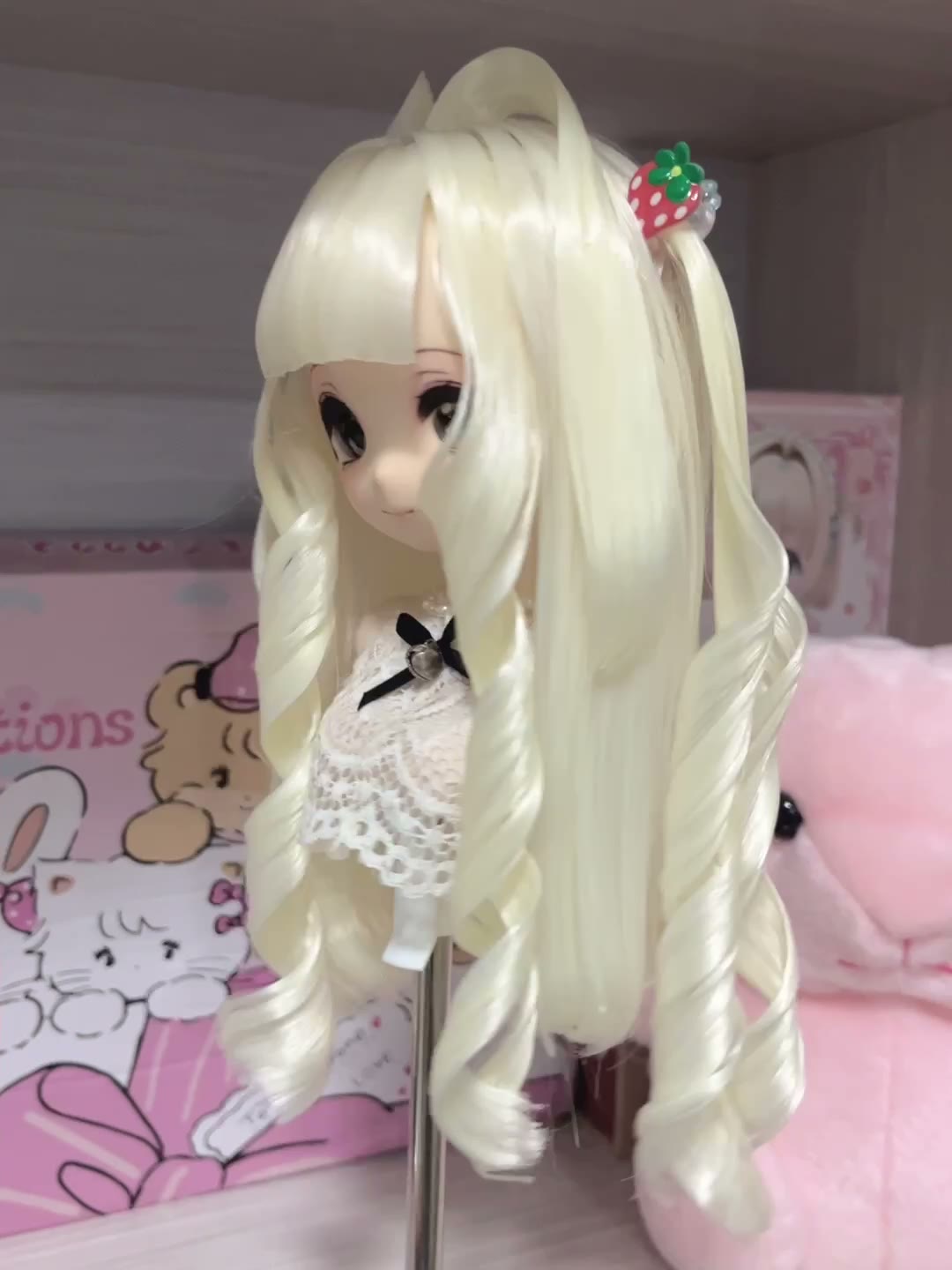 Cream Twin Tail Doll Wig with Strawberry Clips