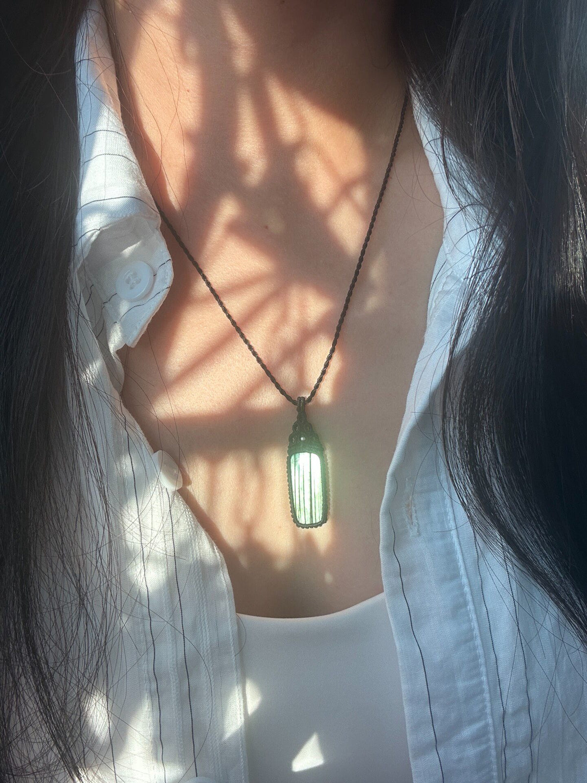 Handmade Labradorite Cord Necklace Mint Green Pendant