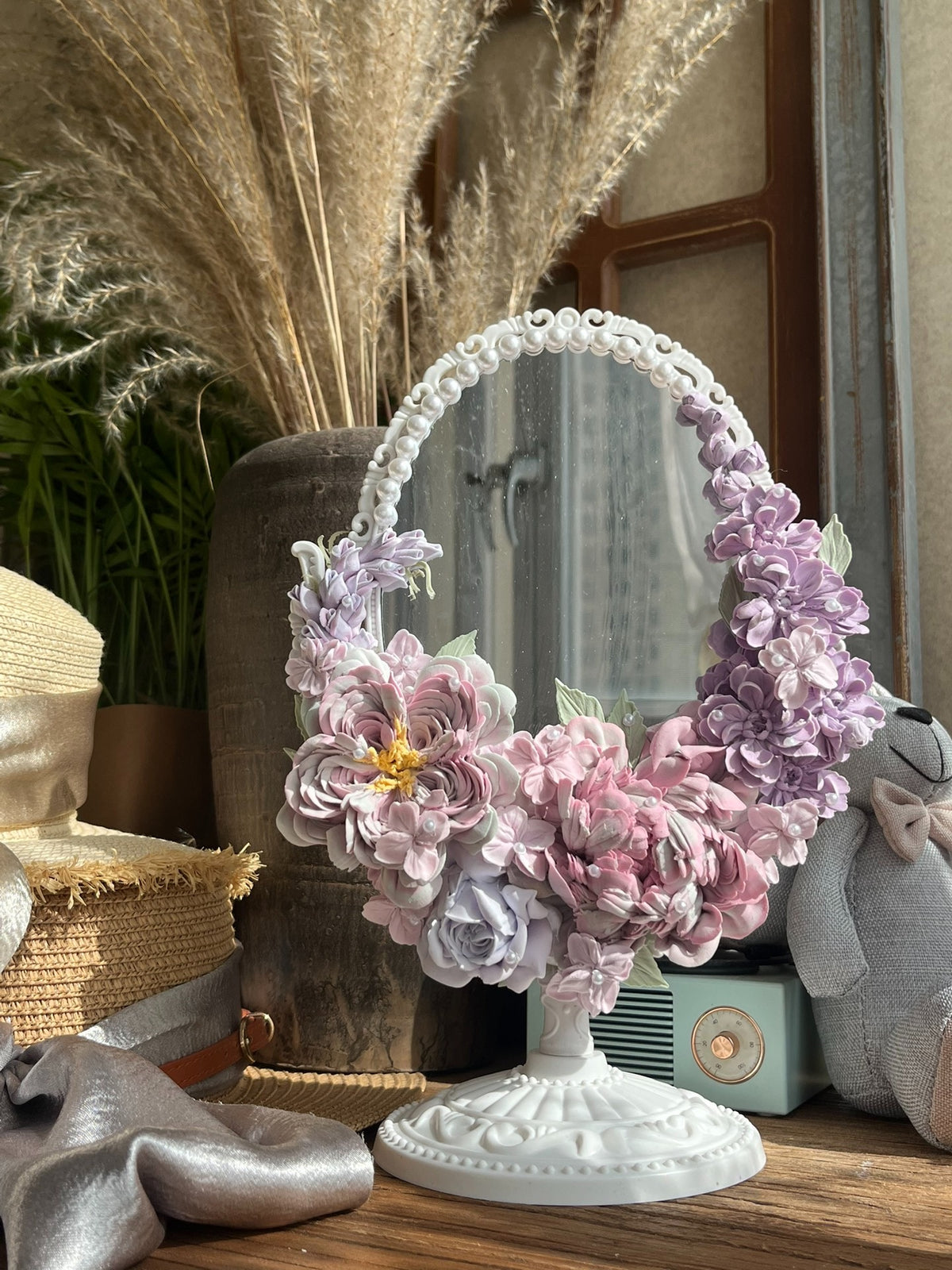 Clay Floral Decorated Oval Mirror