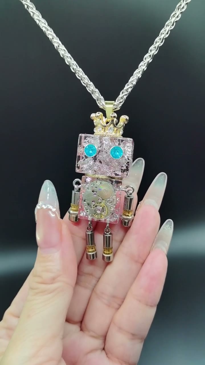 Pink Robot Pendant with Crown