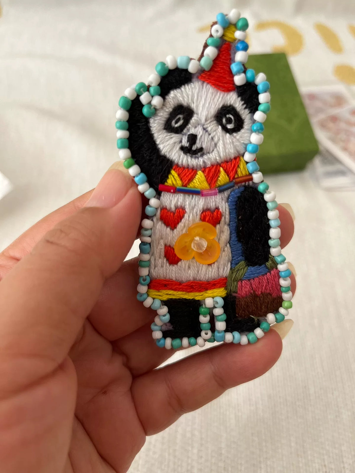 Handmade Beaded Panda Brooch with Leather Backing