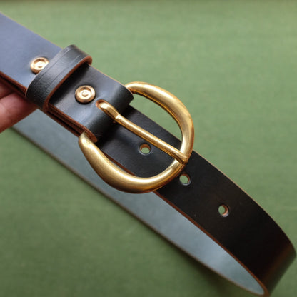 Dark Leather Belt with Brass Oval Buckle