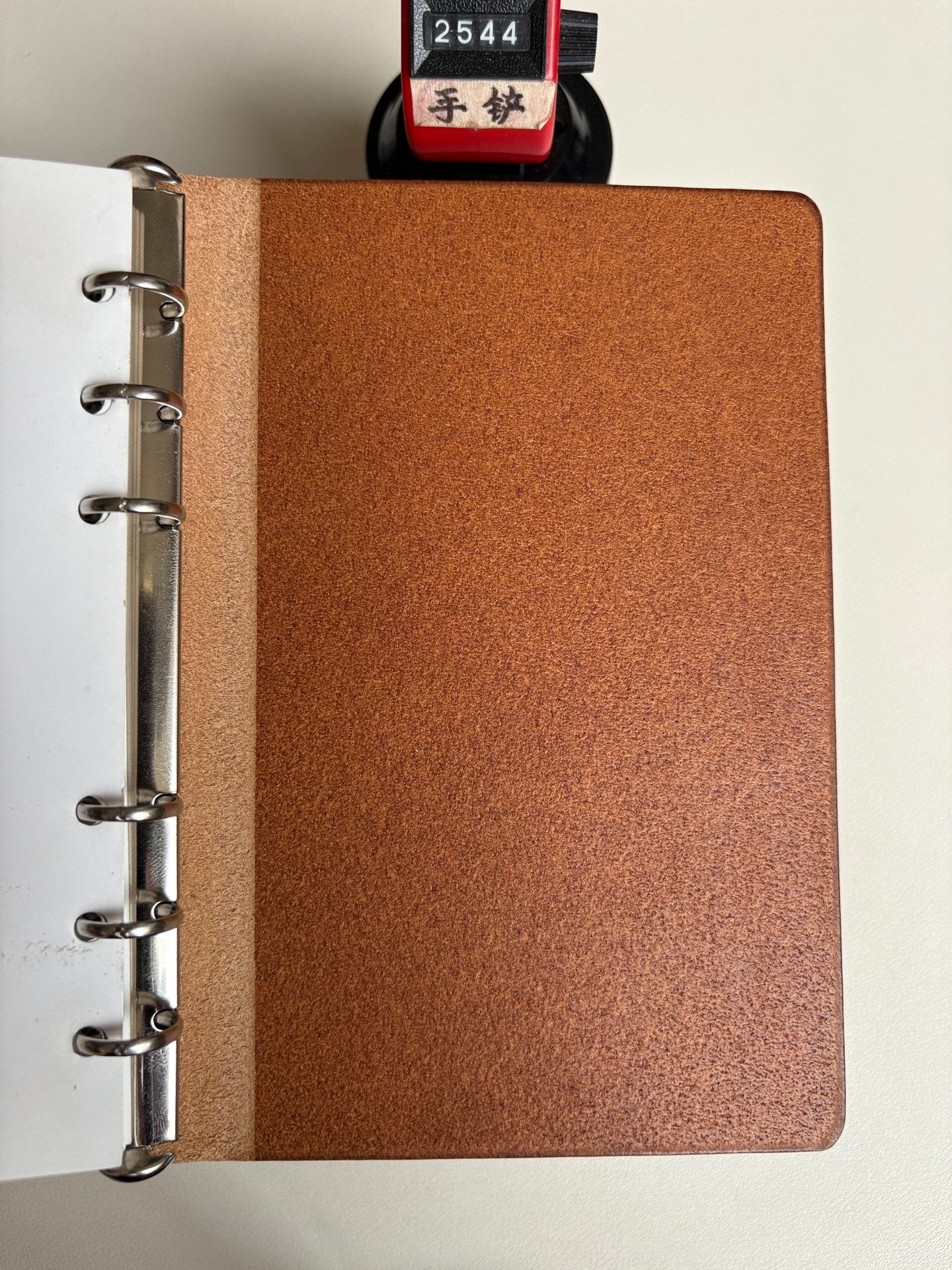 Light Brown Leather Ring-Bound Notebook Cover with Metal Backplate