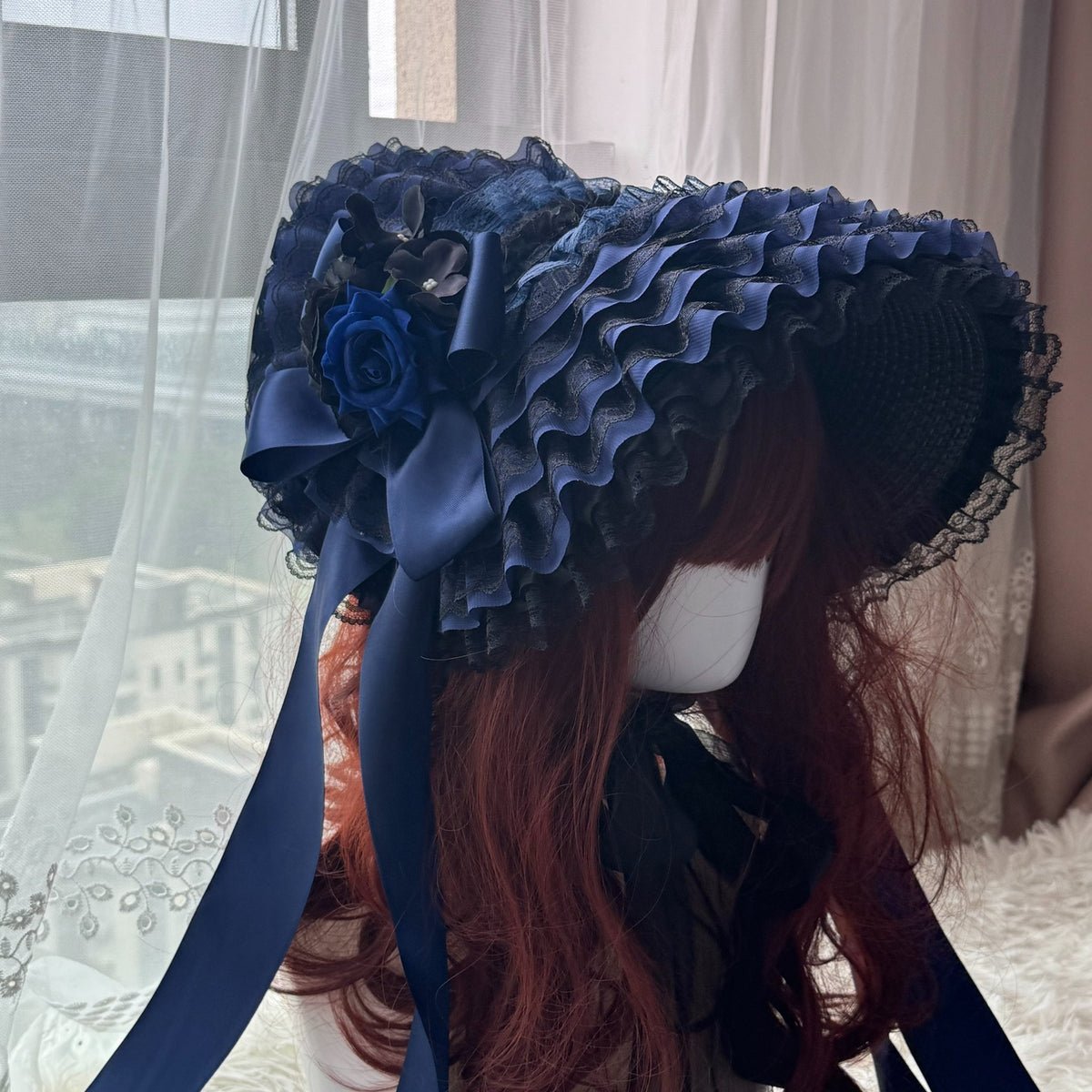 Handcrafted Lolita Hat Black Blue Pearl Tassel