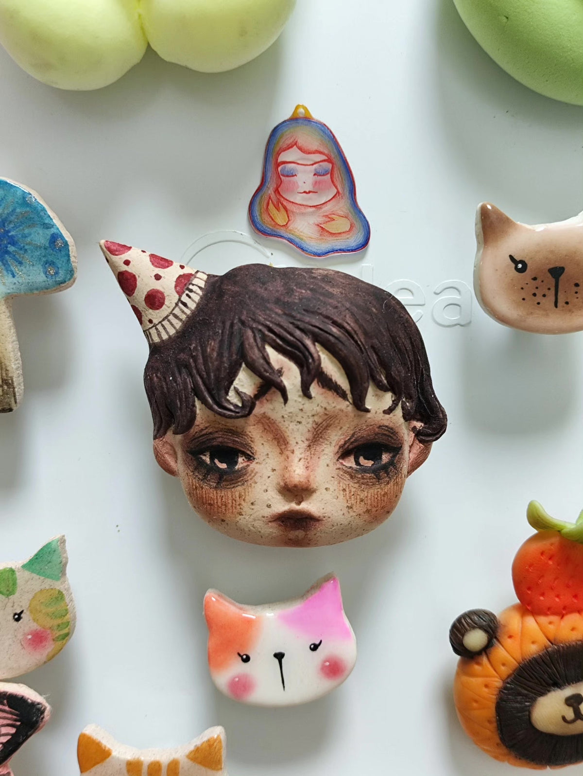 Stone Plastic Clay Doll Head Brooch Magnet