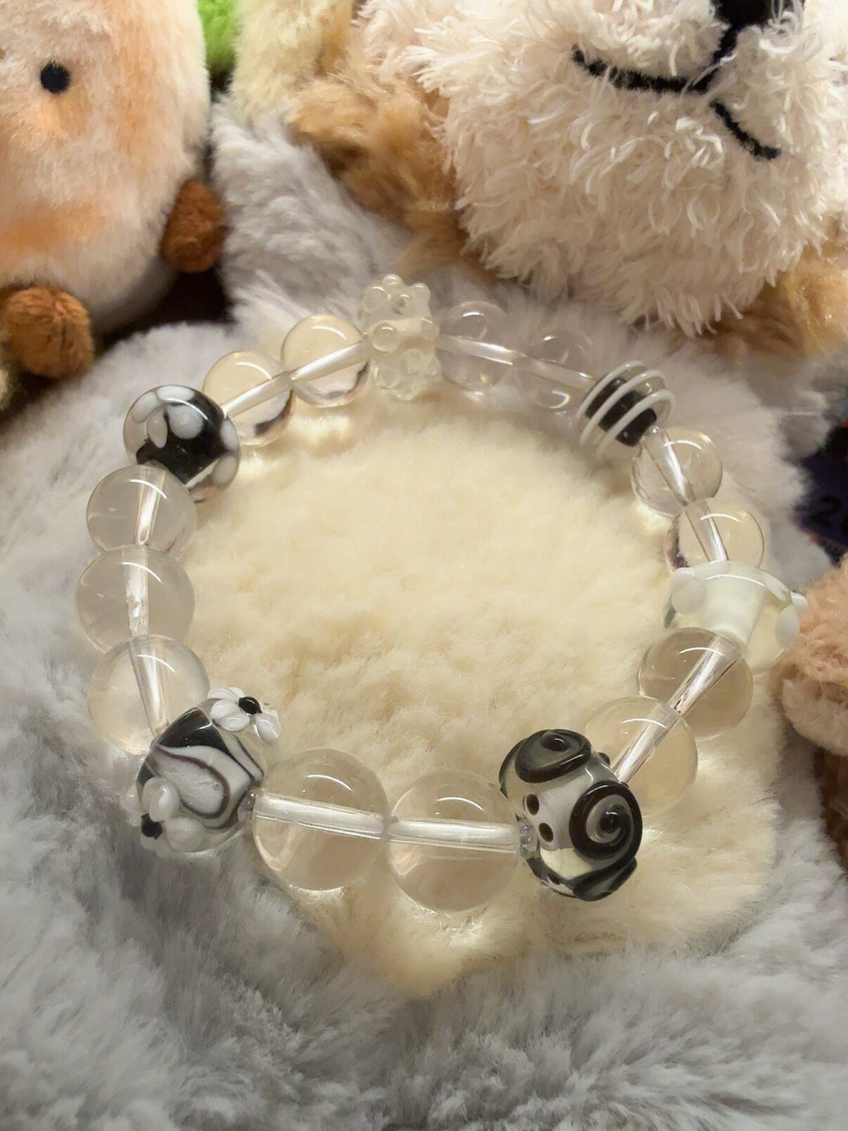White Crystal Beaded Bracelet with Lampwork Glass