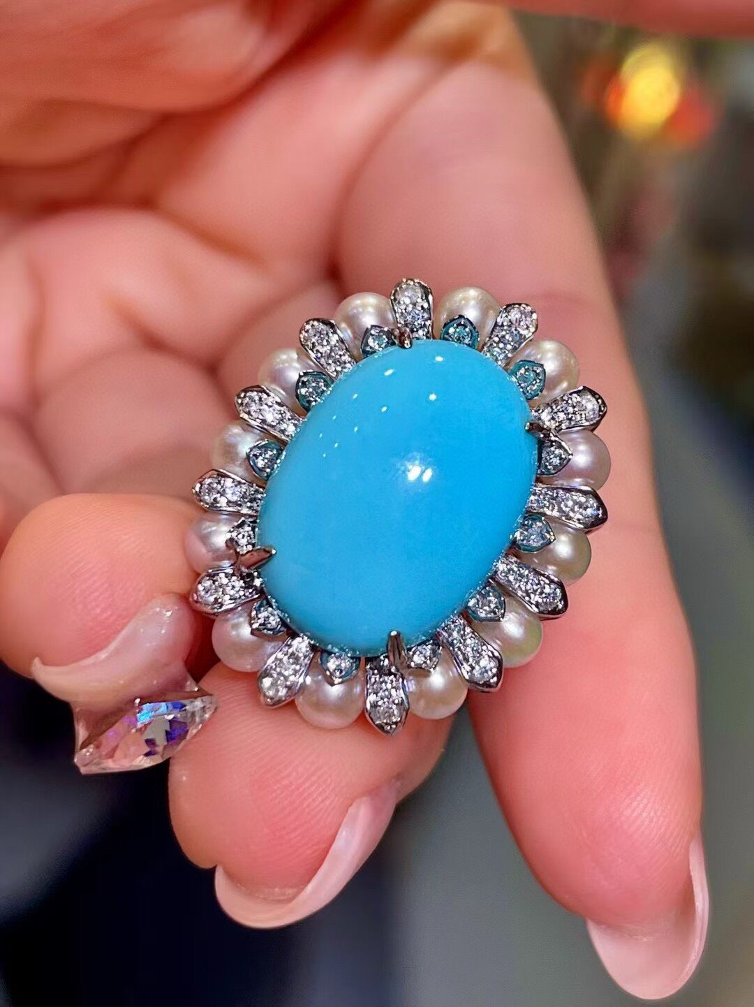 18K Gold Ring with Oval Cabochon Blue Sleeping Beauty Turquoise, Pearl Halo, and Diamond Accents