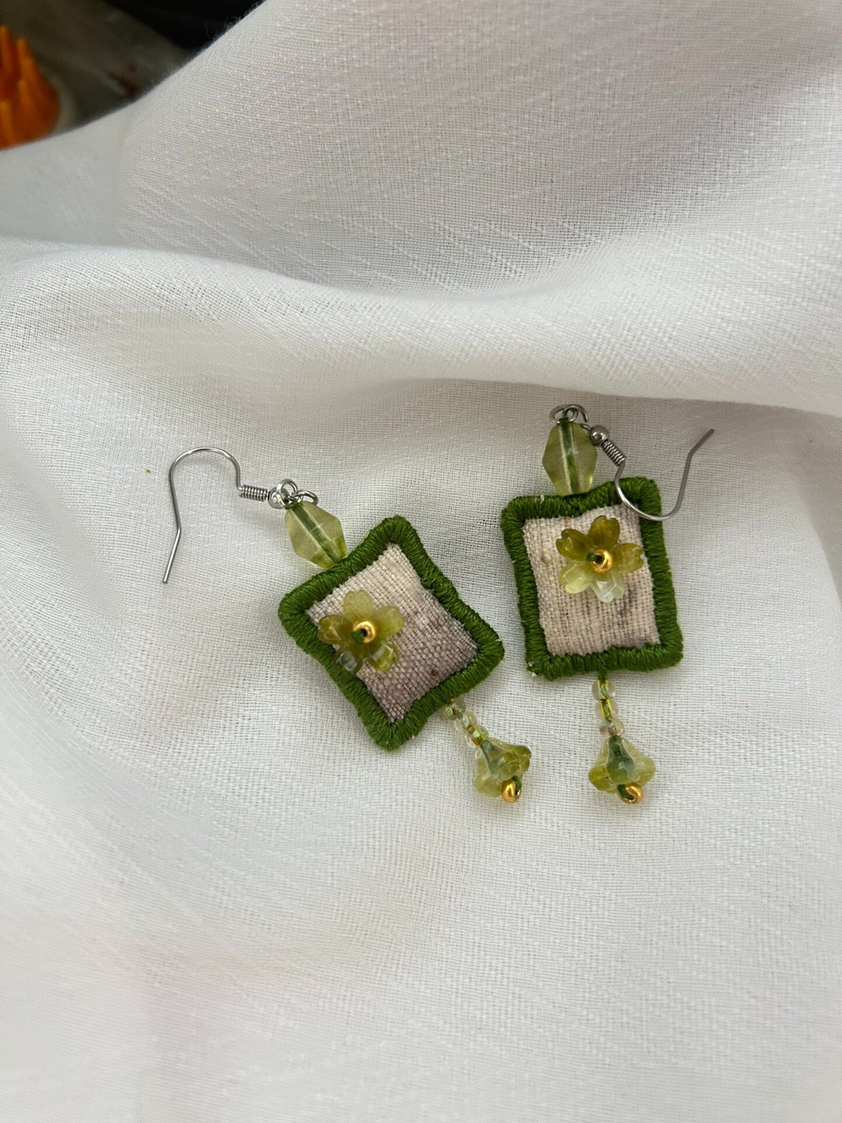 Handmade Fabric Earrings with Green Beads