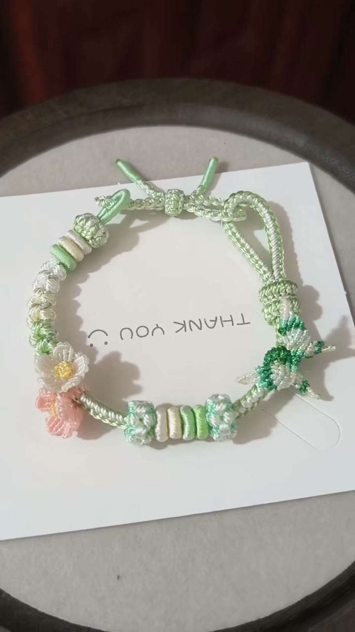 Handmade Mint Green Woven Bracelet with Flowers
