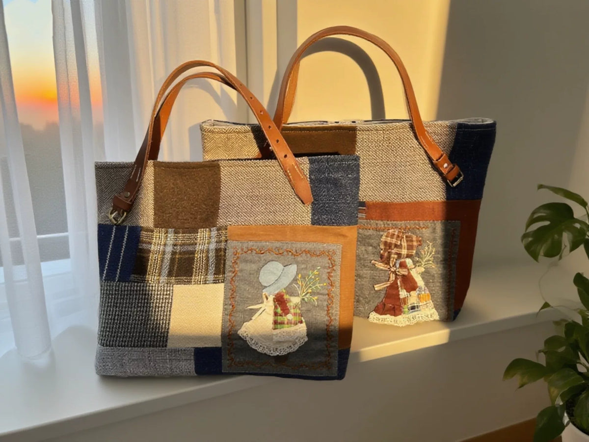 Handgefertigte Patchwork-Tote-Bag mit Ledergriffen