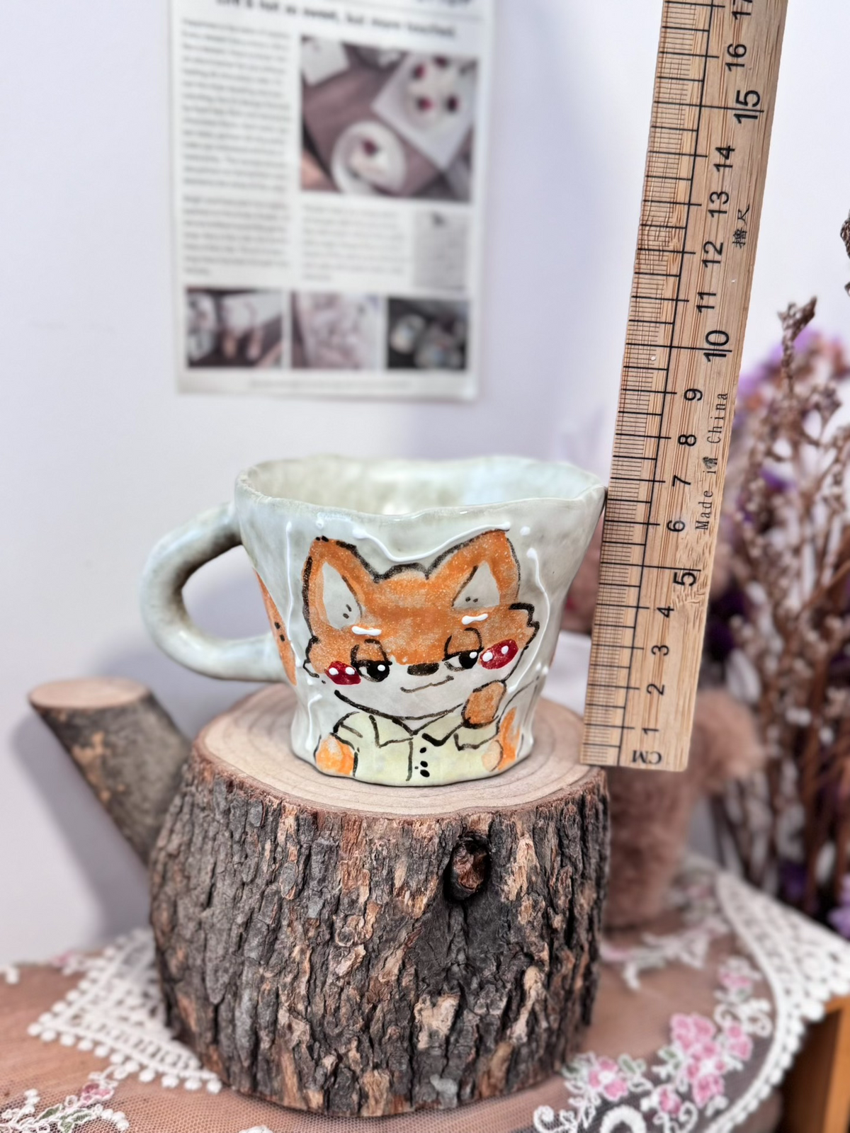 手描きキツネの粗陶コーヒーマグカップ