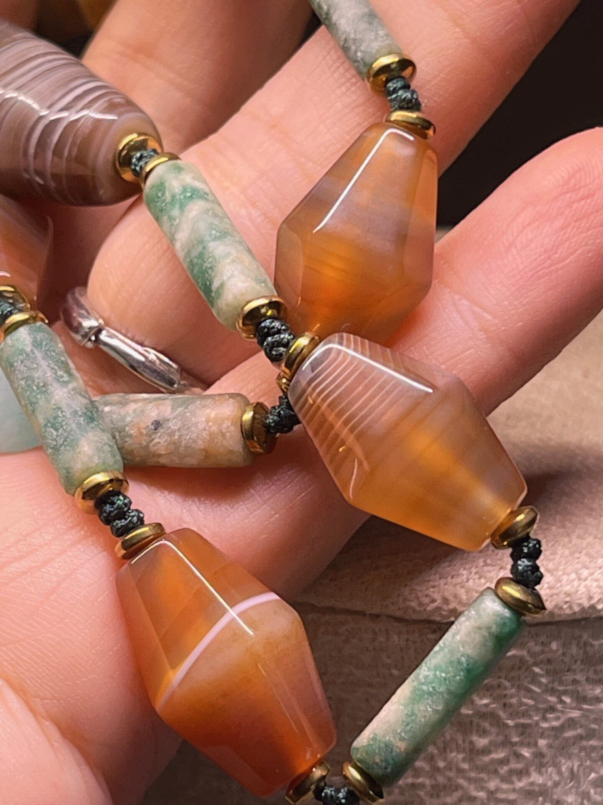Vintage Agate Bead Necklace with Green Stones