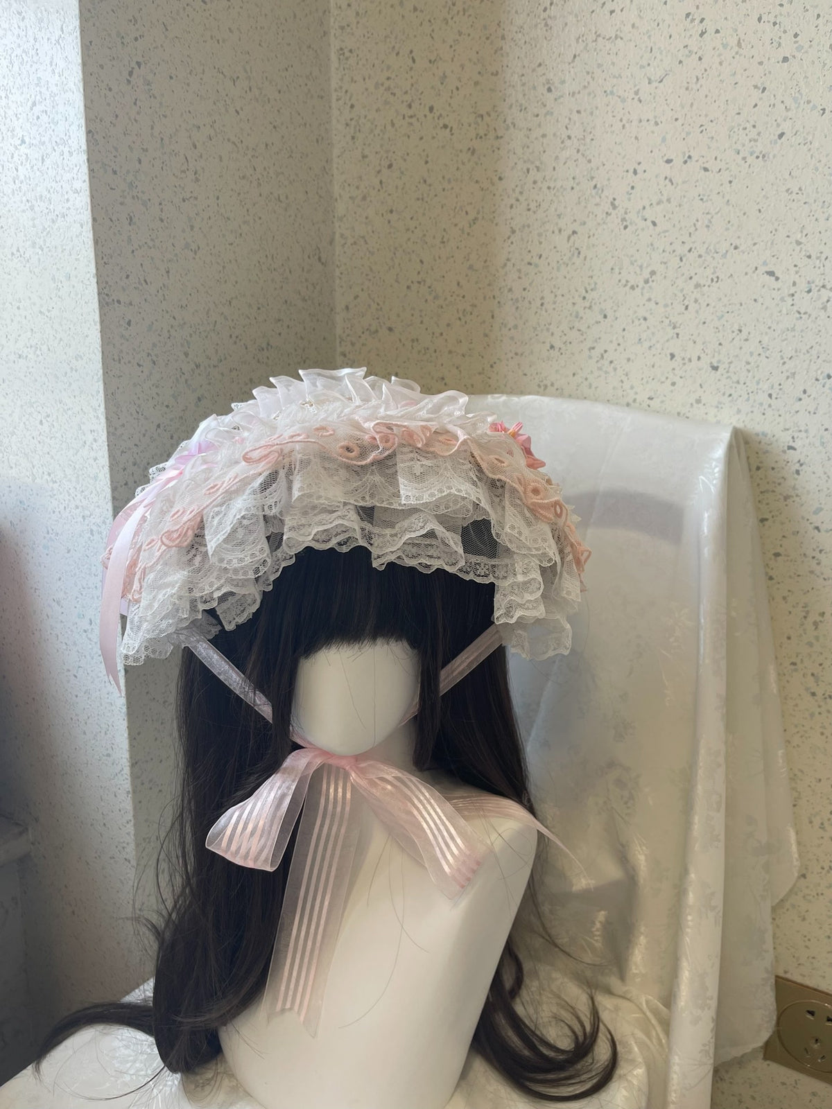 Lolita Pink White Lace Bonnet Hat