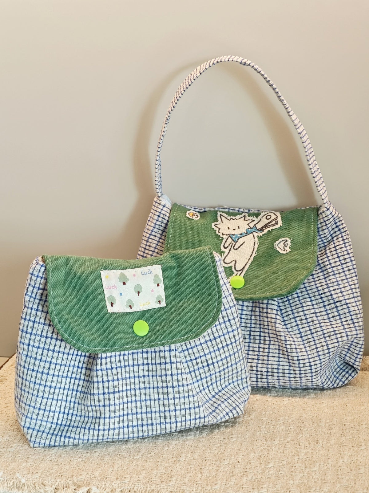 Handmade Checkered Fabric Bag with Cat Flap