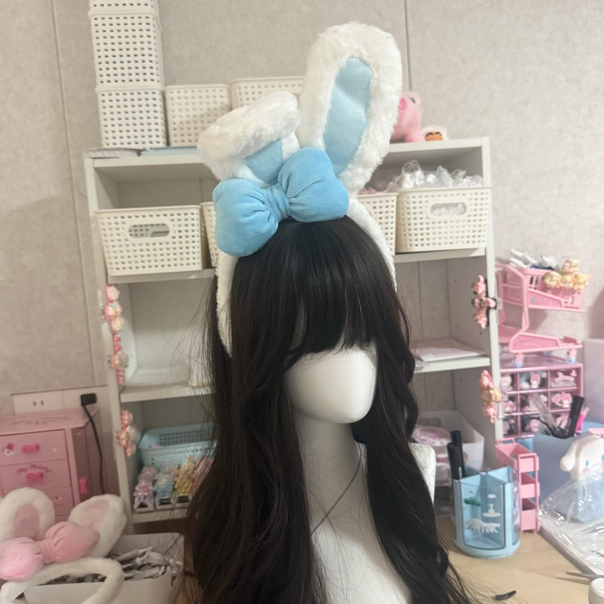 White Plush Bunny Ear Headband with Blue Bow