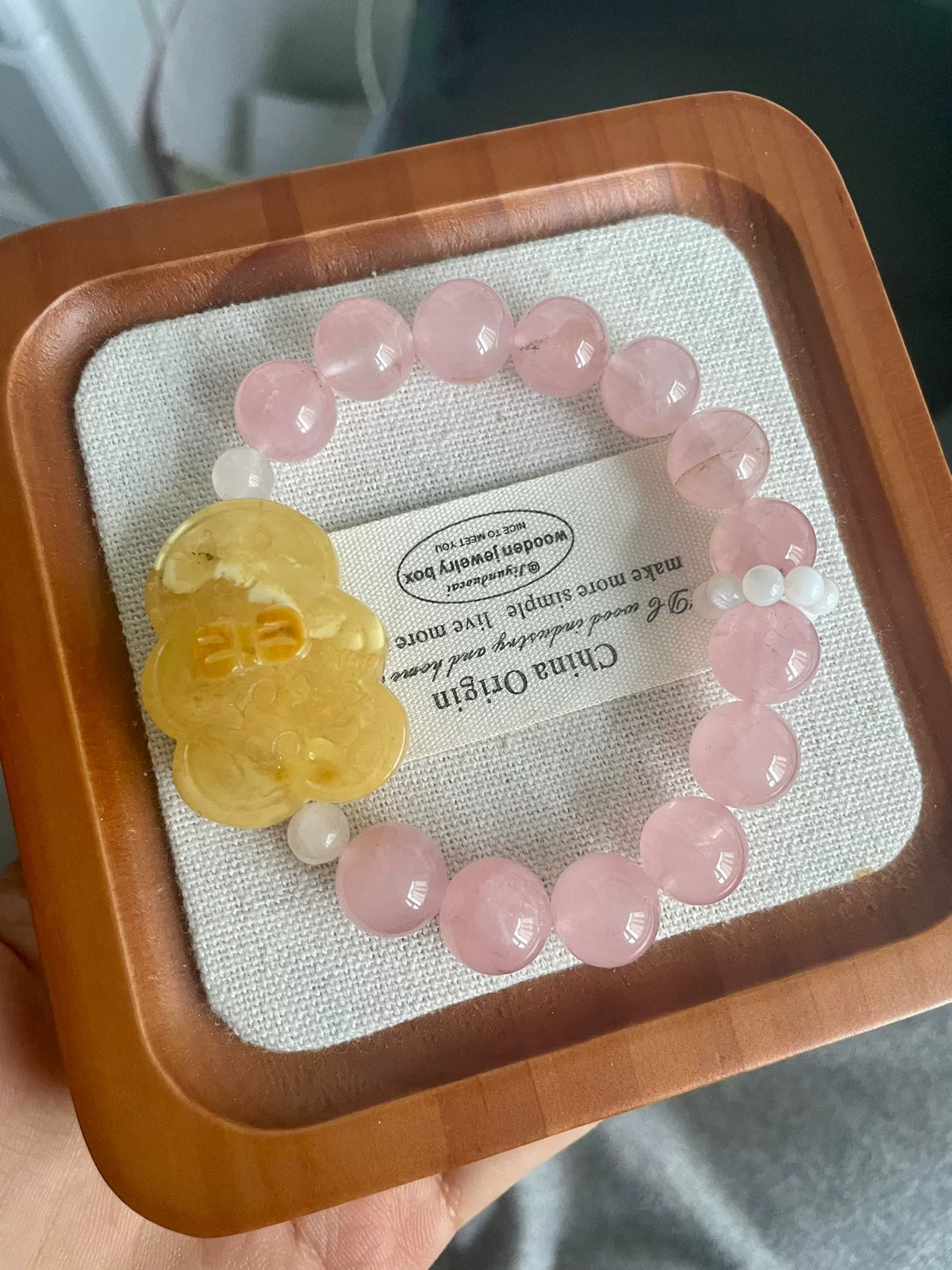 Bernstein Lebkuchenmann Rosenquarz-Armband