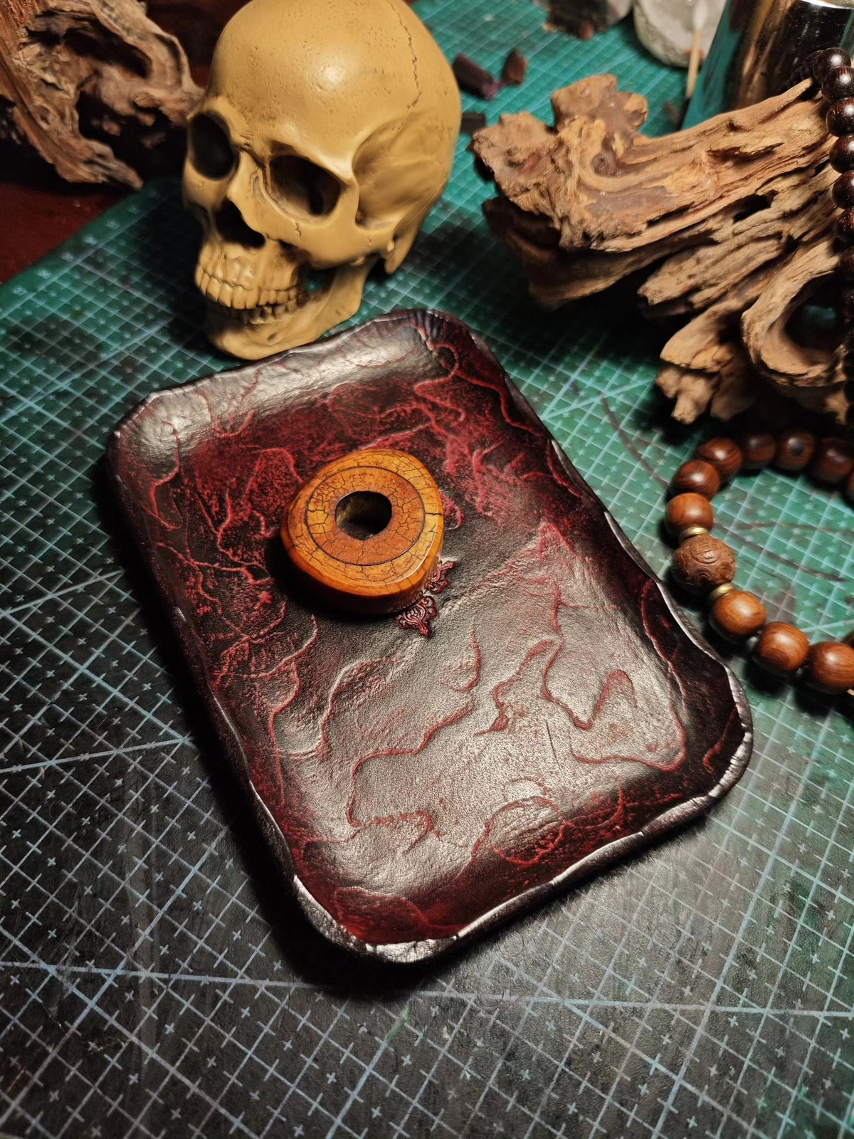 Handcrafted Leather Tray Carved Cowhide Organizer