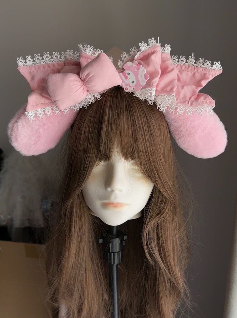 Pink Plush Bunny Ear Lace Headband