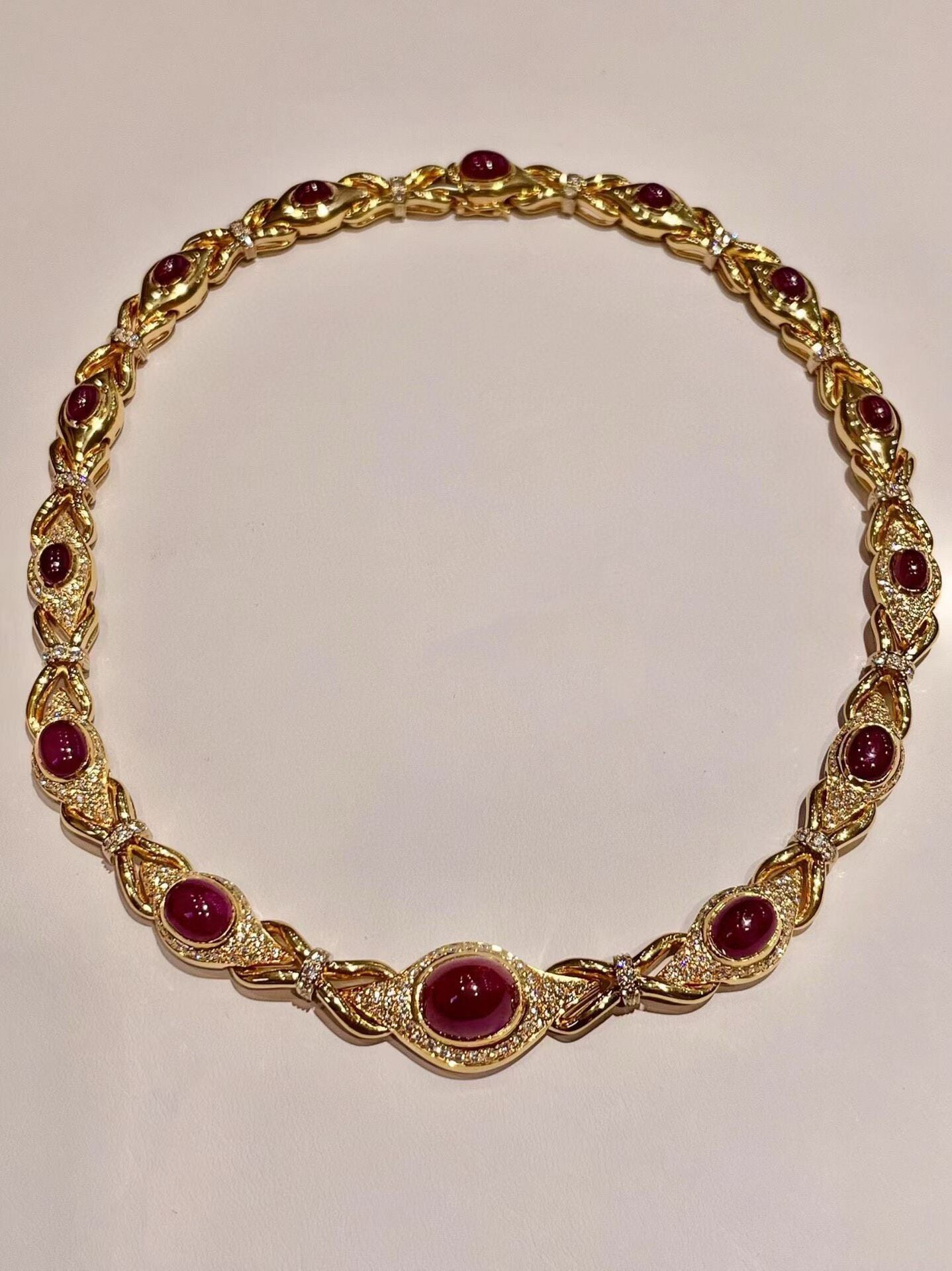 18K Gold Ruby and Diamond Cabochon Necklace, 42cm
