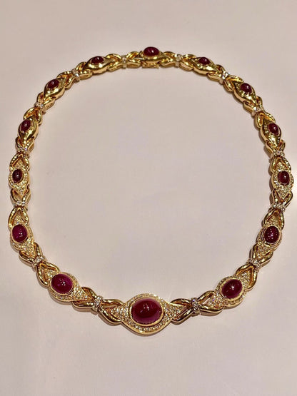 18K Gold Ruby and Diamond Cabochon Necklace, 42cm