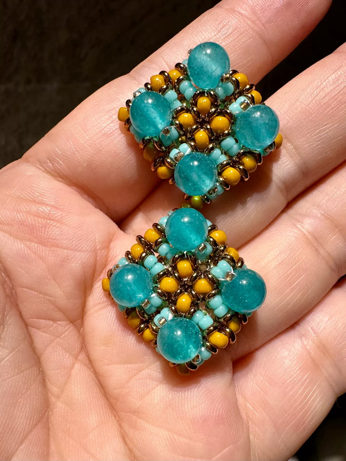 Ice Blue Amazonite Checkerboard Stud Earrings