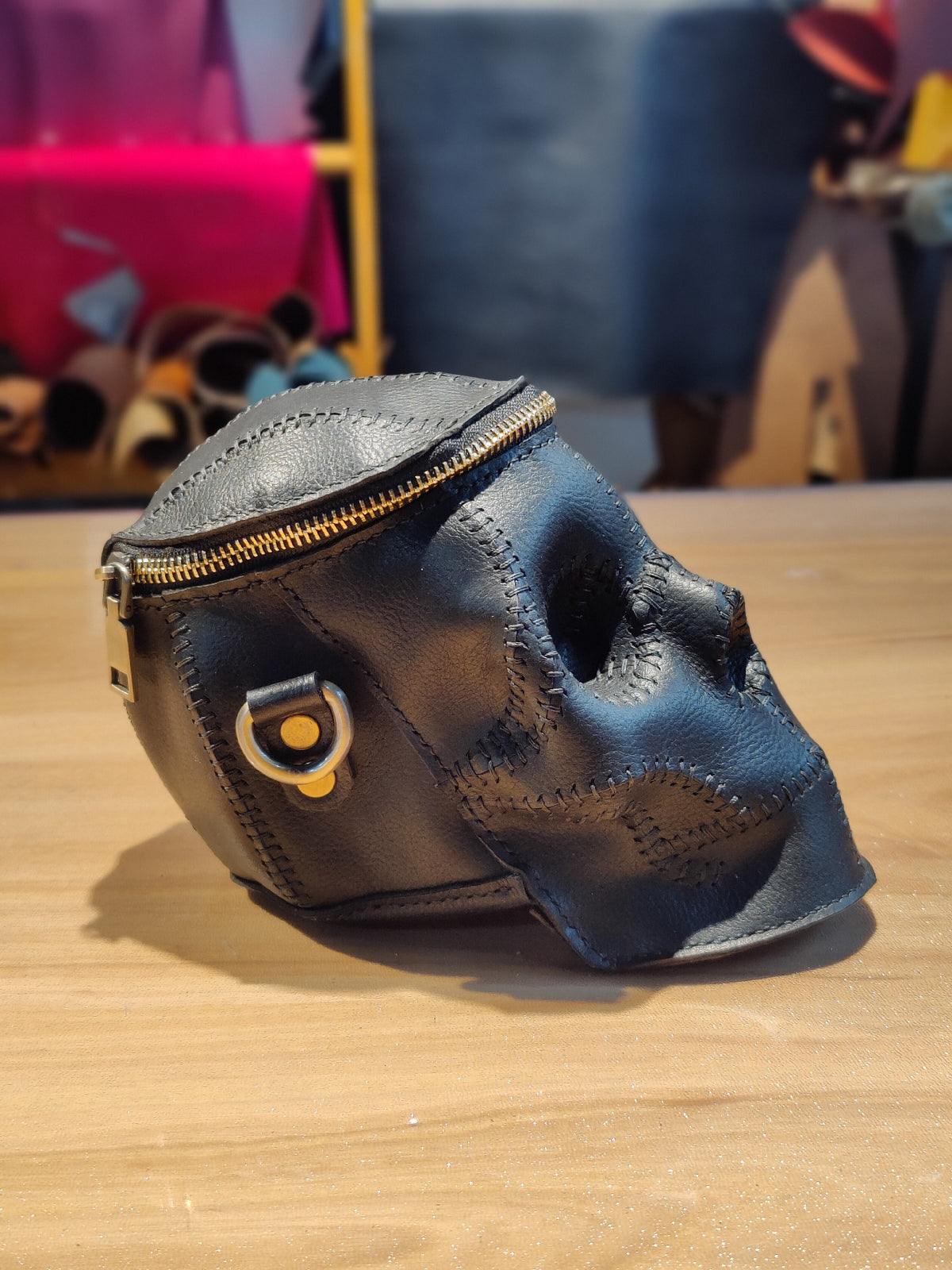 Skull Leather Pouch with Gold Zipper