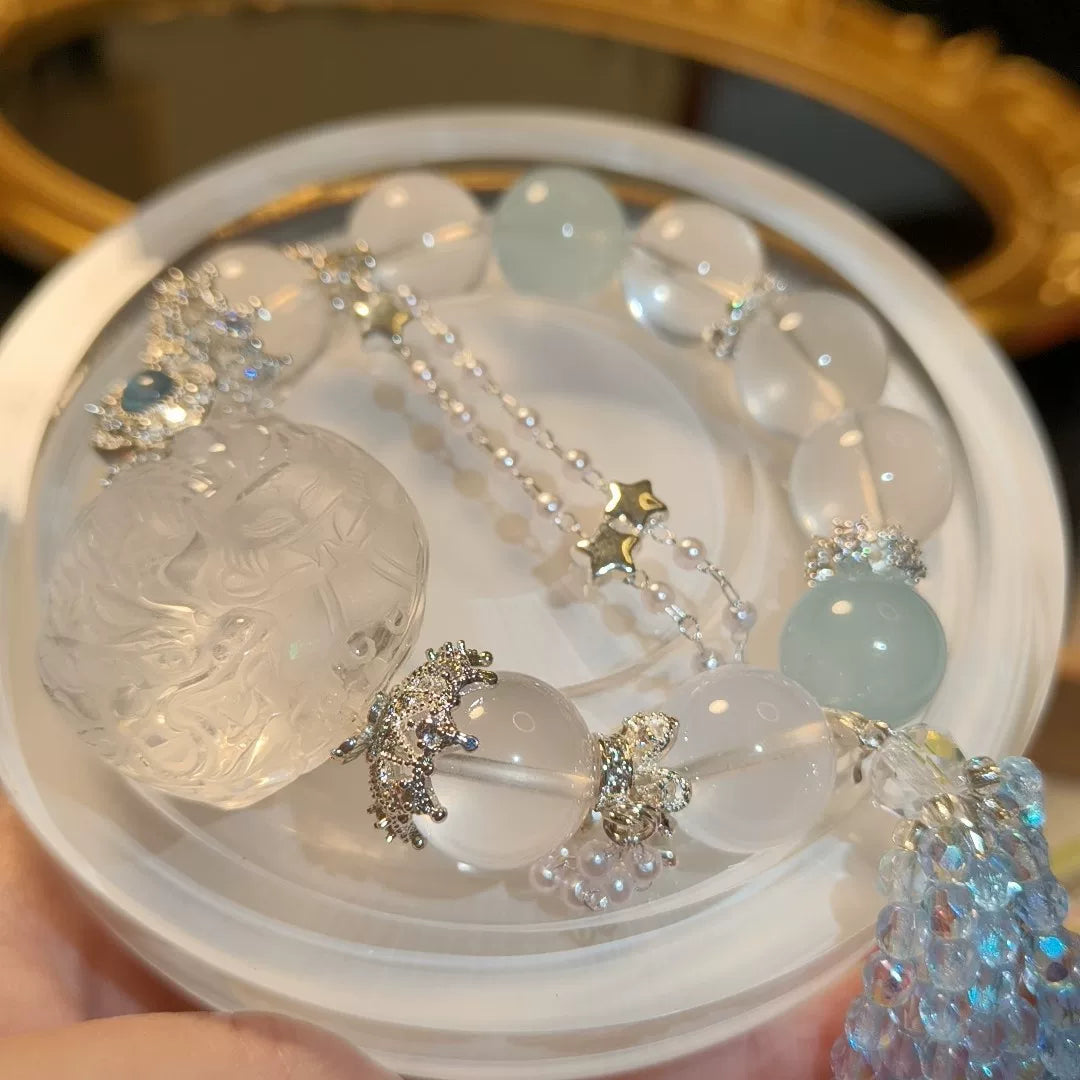 Pulsera de Cristal Blanco Tallado y Aguamarina