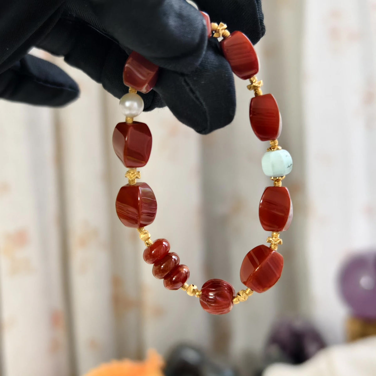 Flame Agate Beaded Bracelet with Turquoise