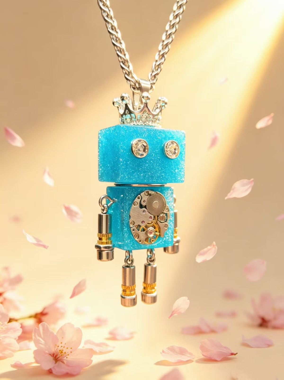 Blue Robot Pendant Necklace with Crown