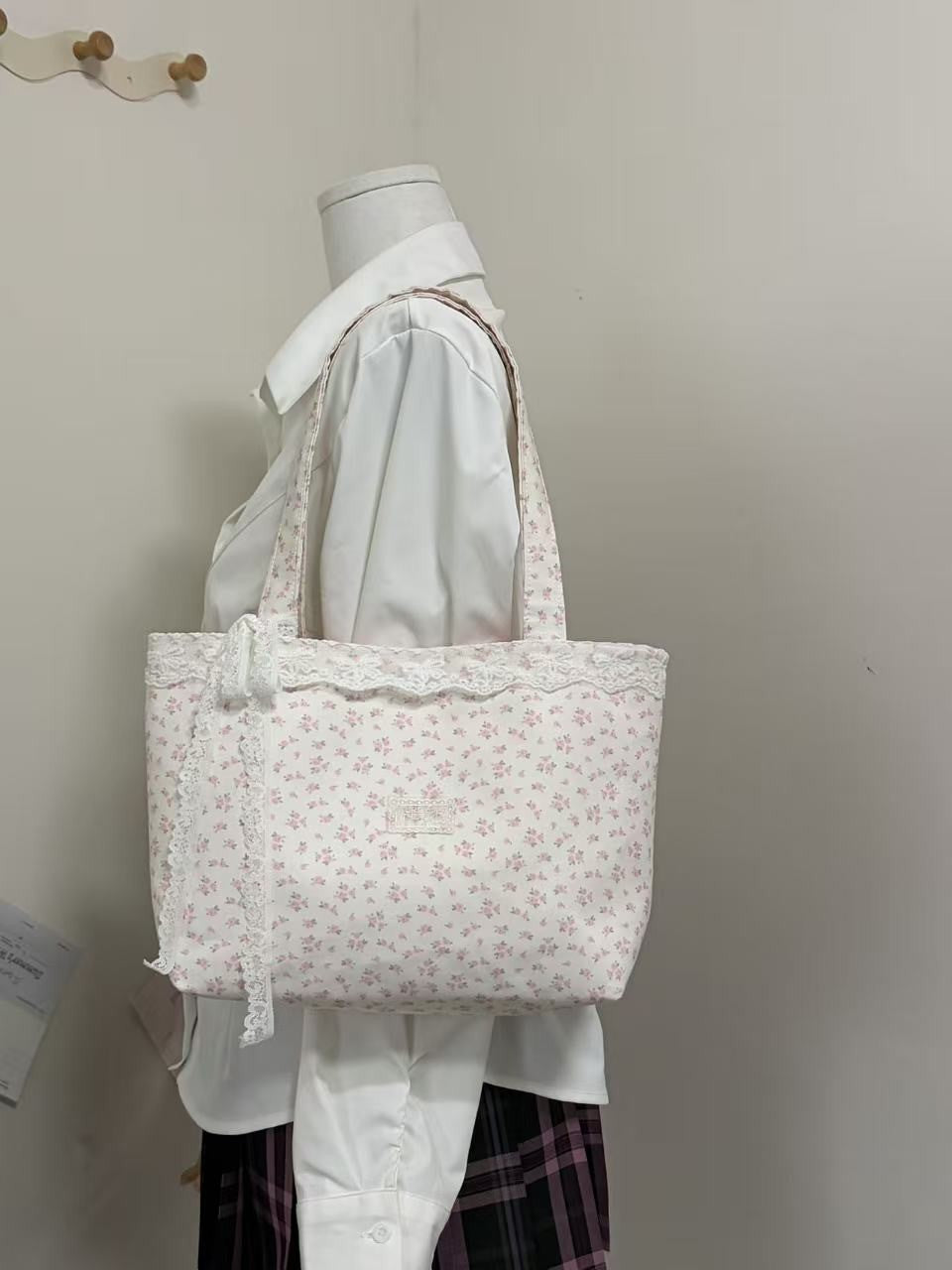 Floral Canvas Tote Bag with Lace Trim