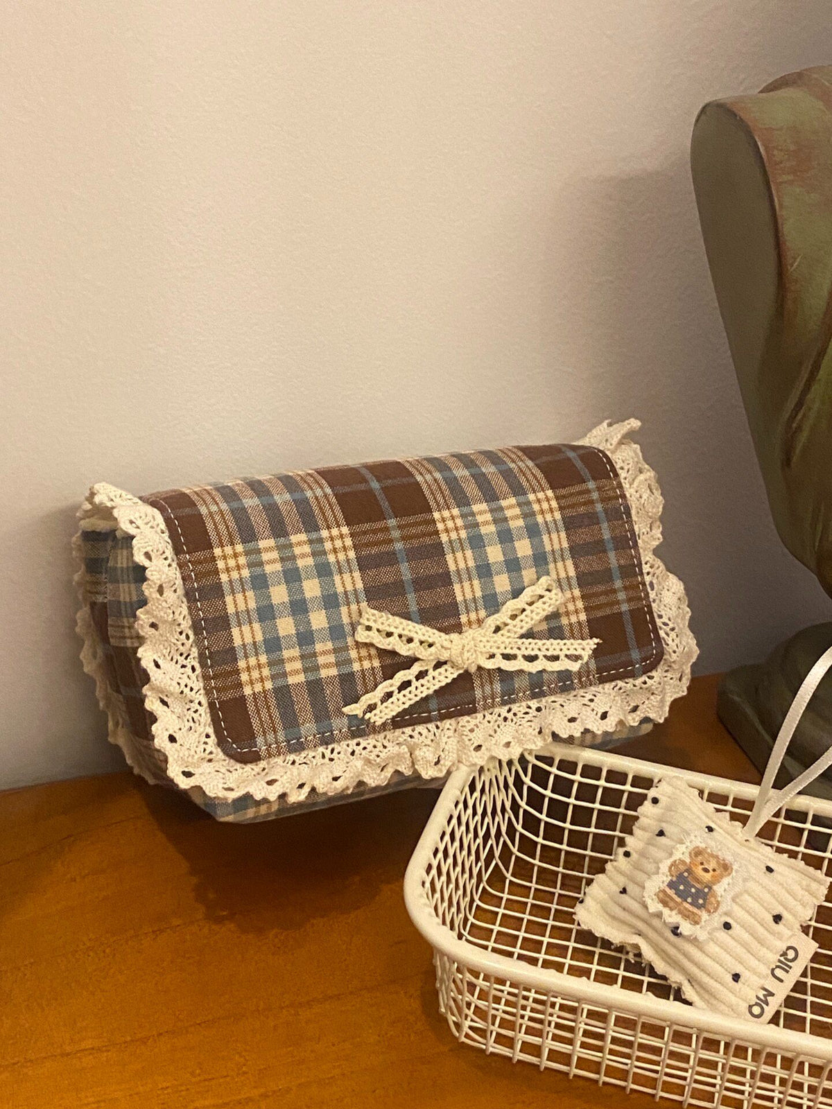 Plaid Lace Camera Cosmetics Storage Pouch