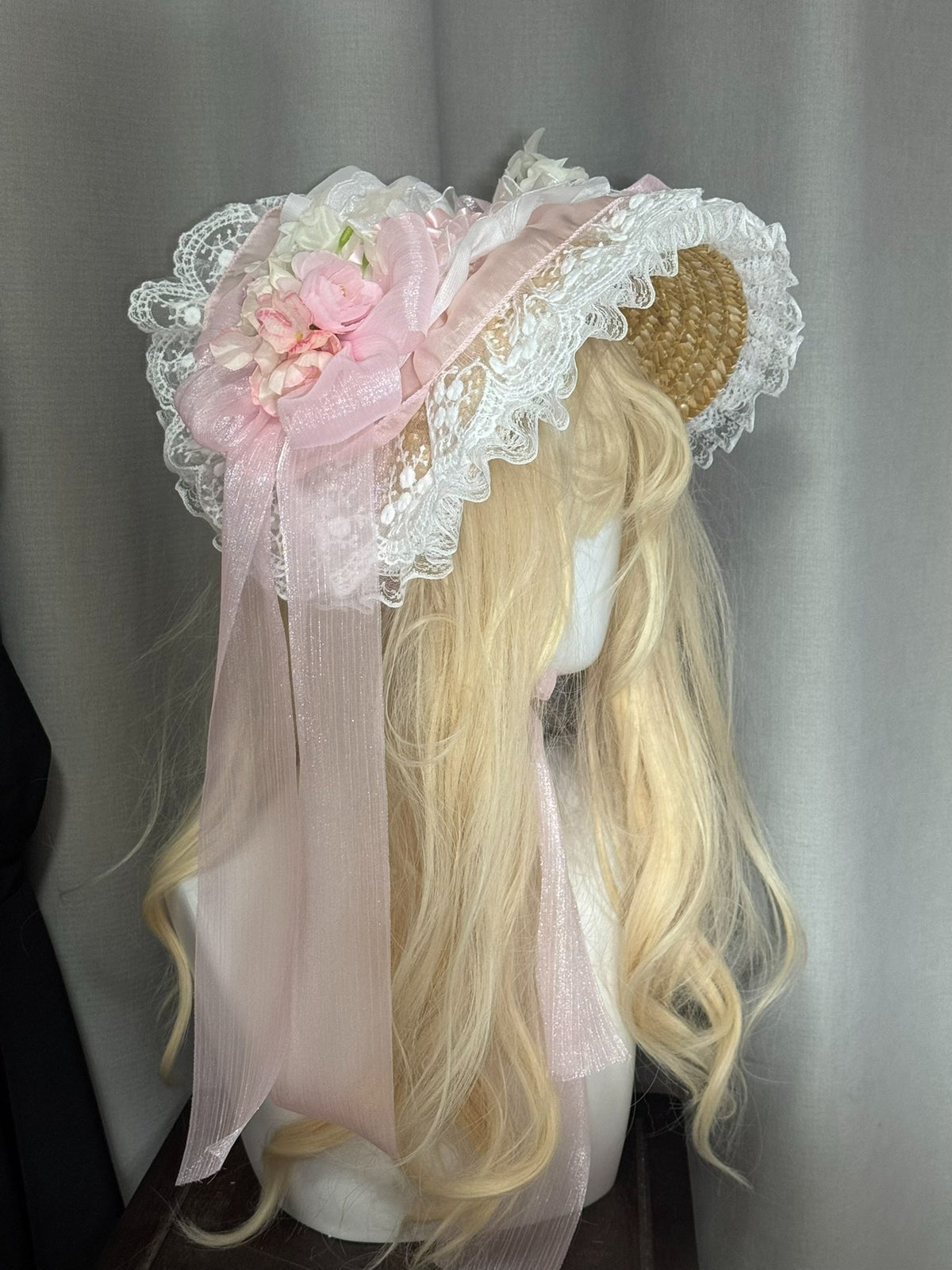 Handmade Straw Lolita Bonnet with Pink Roses
