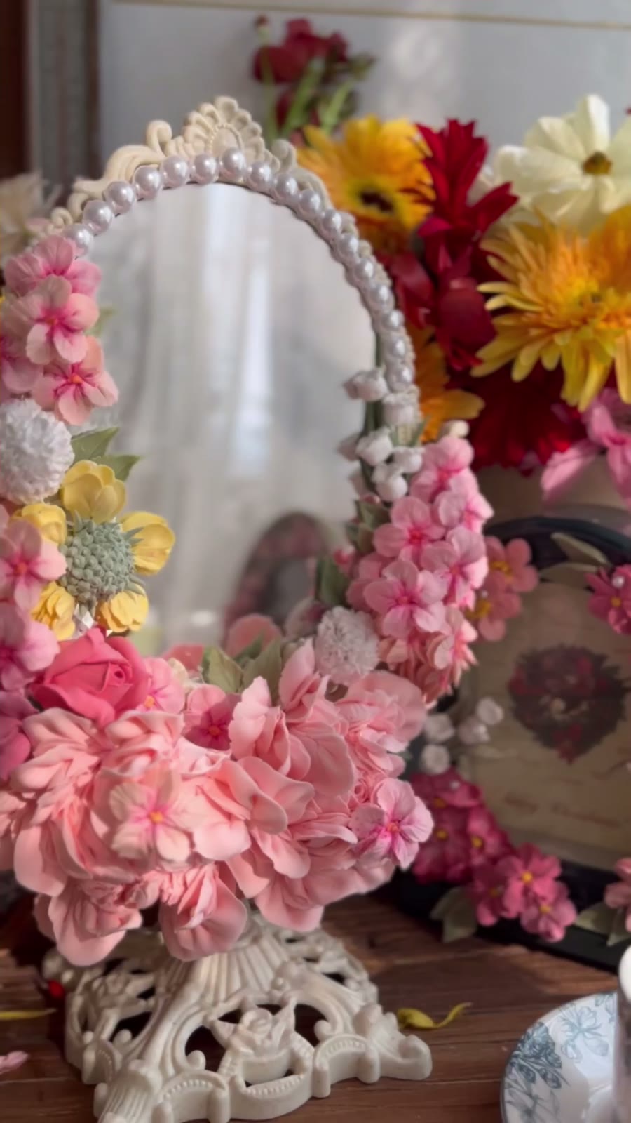 Clay Flower Decorated Oval Mirror