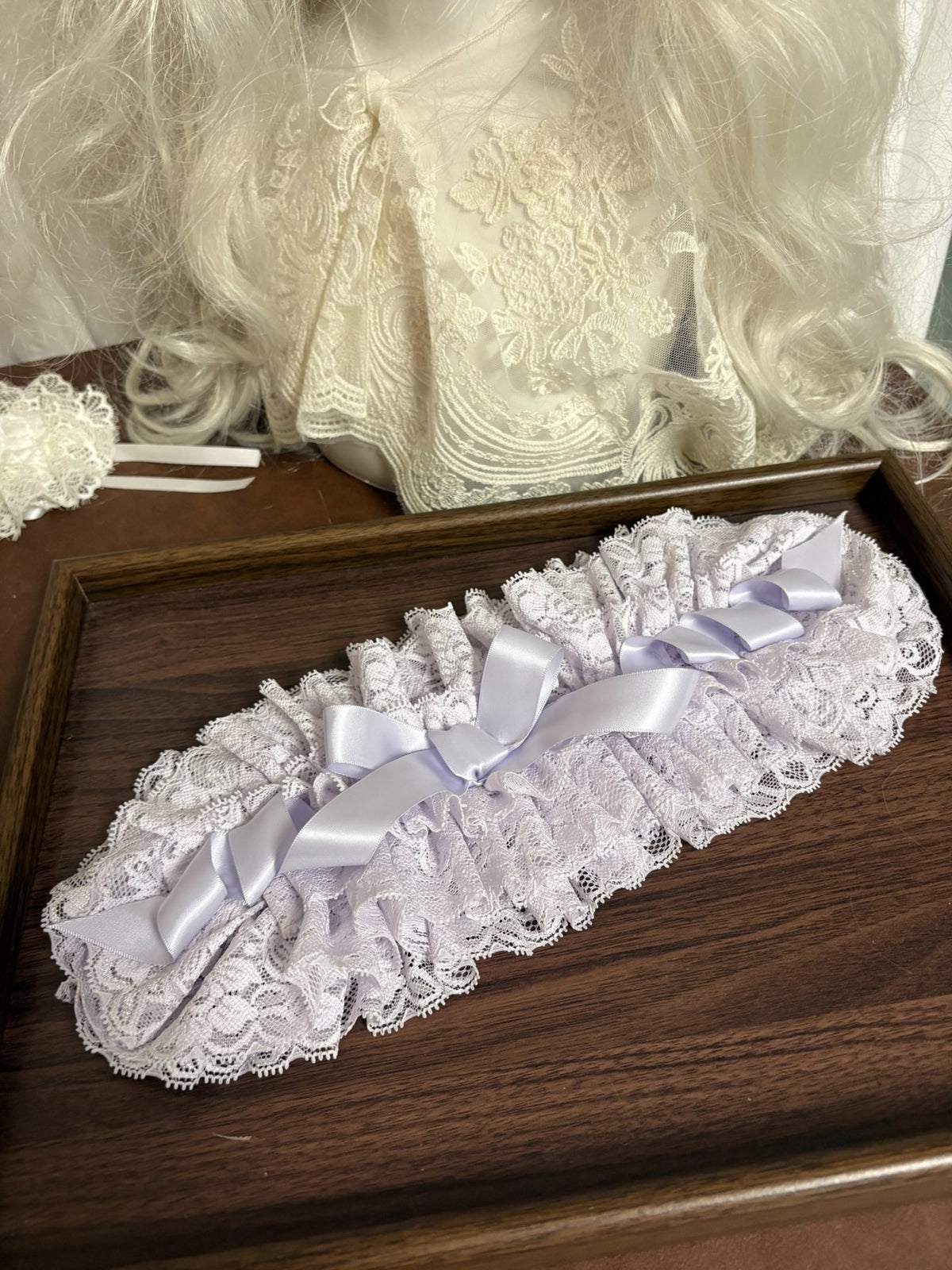 Lavender Lace Ruffle Headpiece with Satin Bow