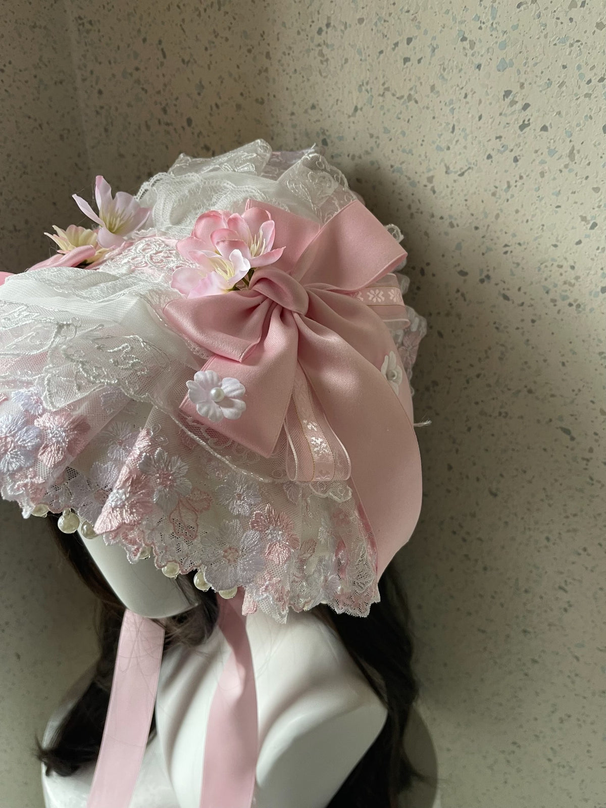 Lolita Pink Lace Bonnet Handmade