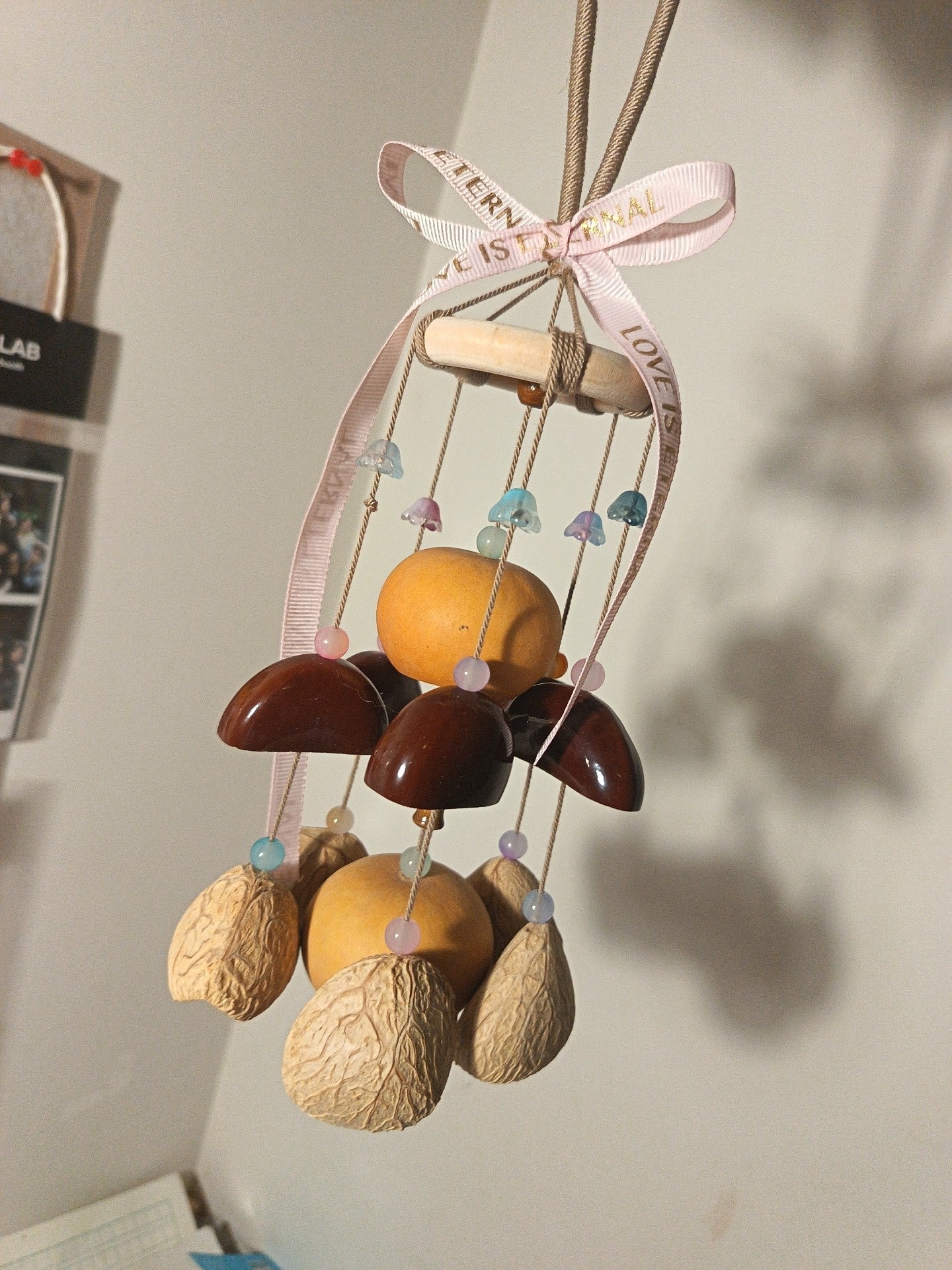 Natural Shell and Gourd Wind Chime with LOVE IS ETERNAL Ribbon