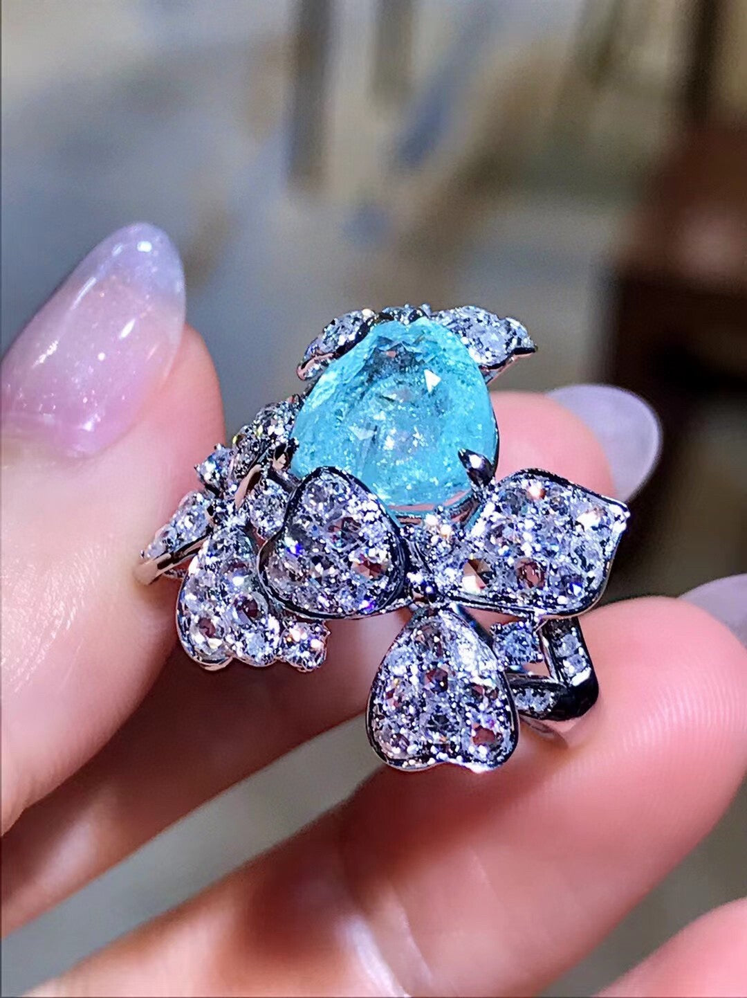 4.07ct Paraíba Tourmaline Ring with 1.62ct Diamond Floral Motif