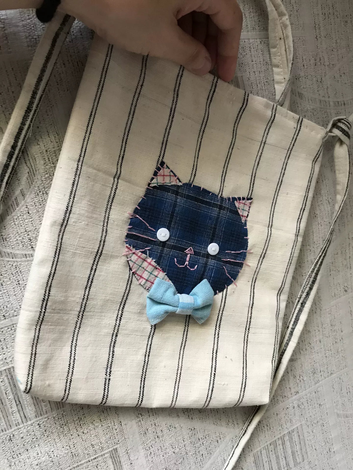 Bolso de tela con cara de gato hecho a mano