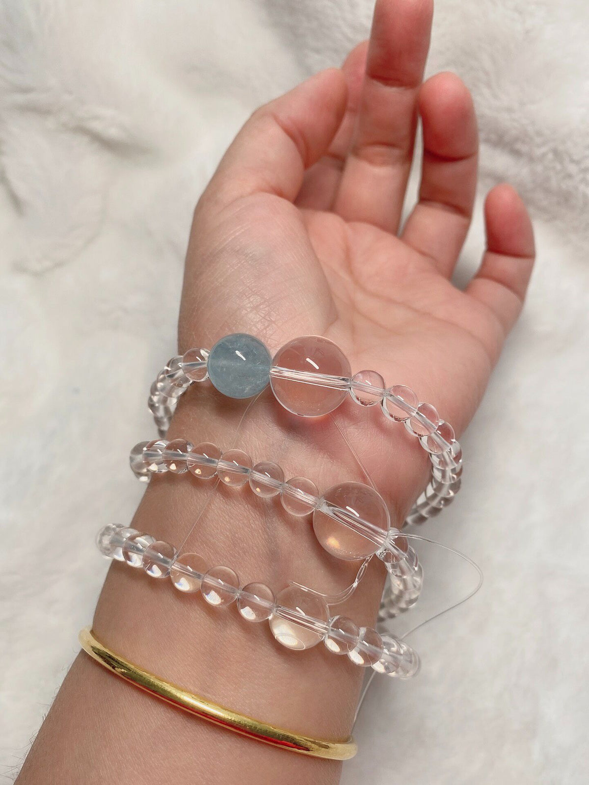 Clear Quartz Aquamarine Three Strand Wrap Bracelet