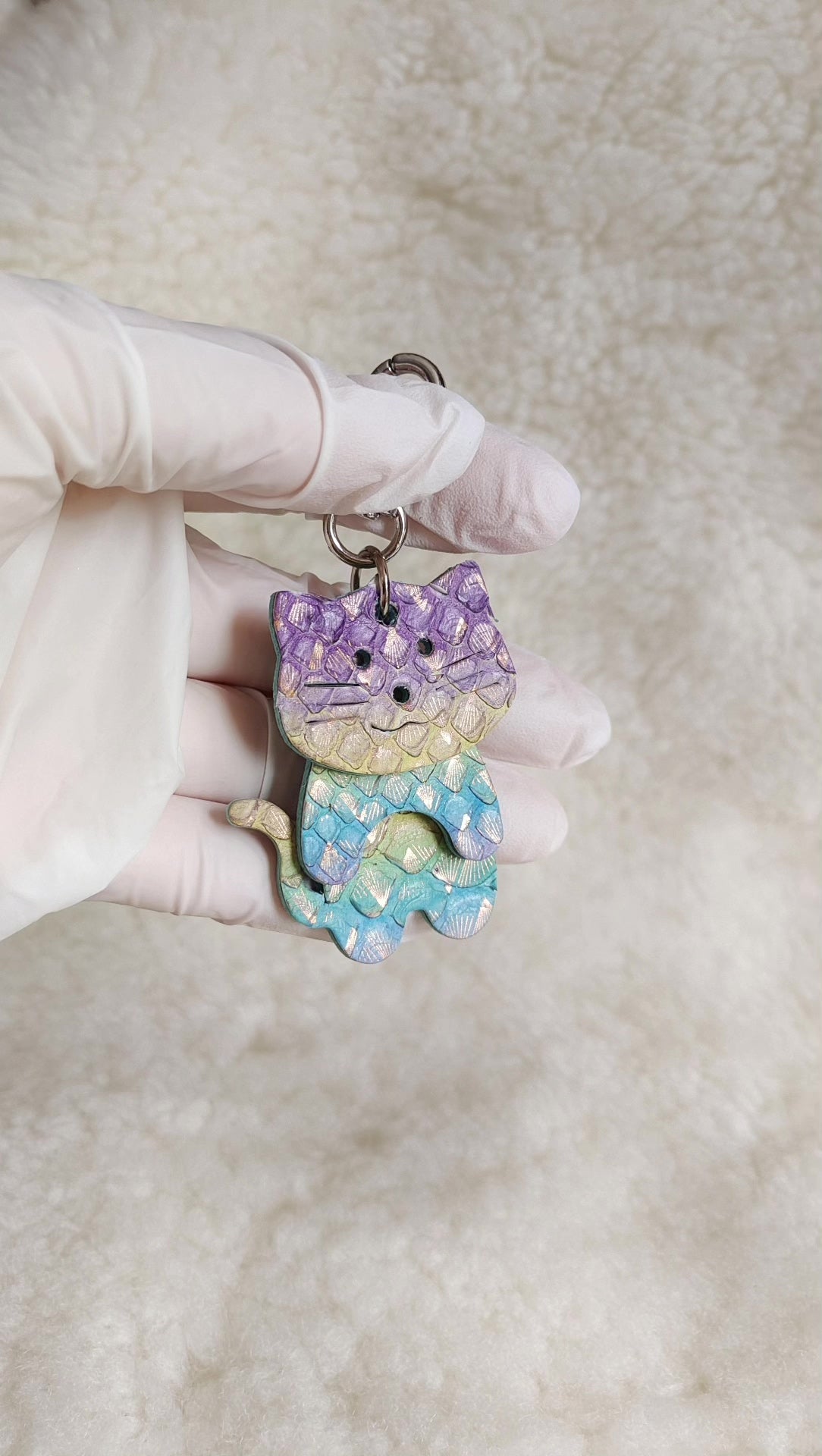 Iridescent Dragon Scale Cat Leather Keychain