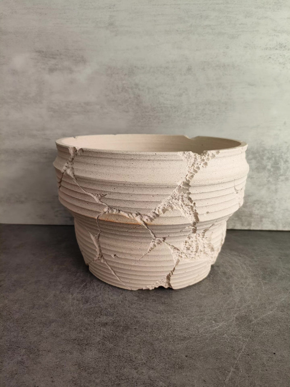 Cracked Ceramic Planter with Ribbed Texture