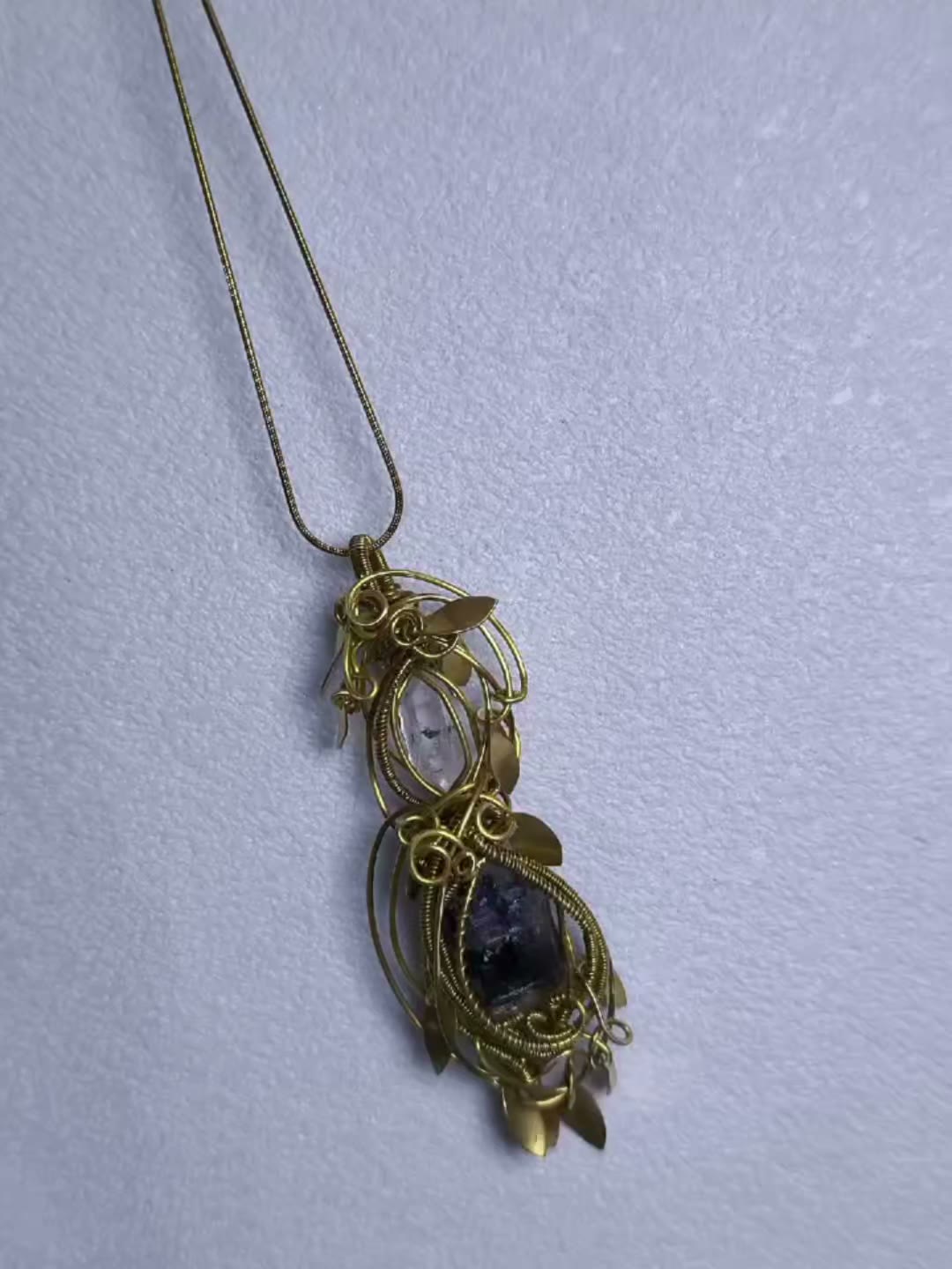 Handmade Brass Wire Wrapped Crystal Pendant Necklace